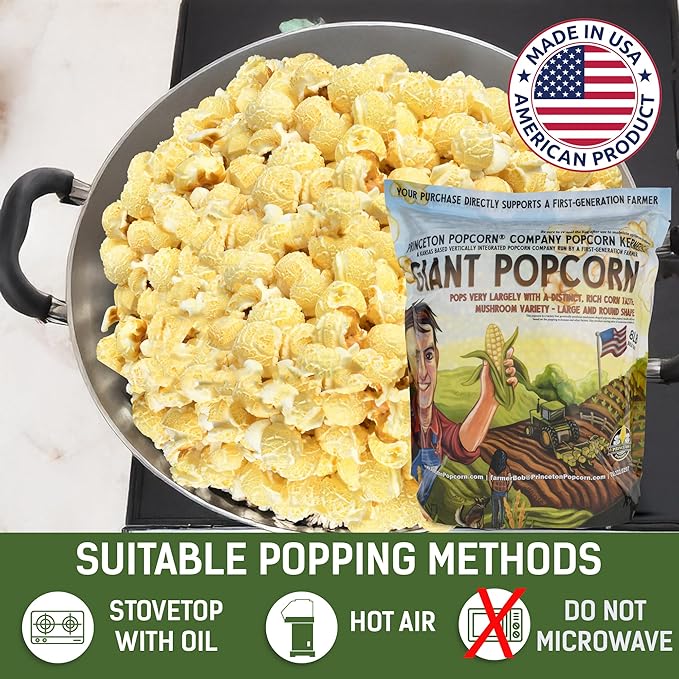 Princeton Popcorn Mushroom Hulless Popcorn Kernels – Easy-Eating, Ball Shaped Tender Popping Corn, Non-GMO Popcorn Kernels, No Hulls, Farmer Direct, Microwave Air Popper or Stovetop Bulk Bag 8lbs