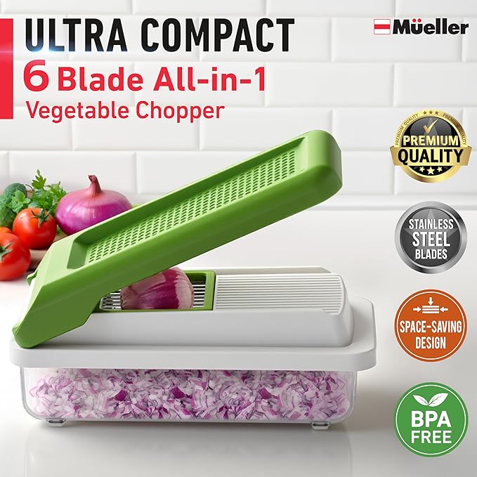 Mueller Vegetable Chopper, Mandoline Slicer, Food Veggie Chopper, Cheese Grater, Onion Vegetable Cutter with Container, Dicer, Kitchen Gadgets & Essentials, White Sand/Green
