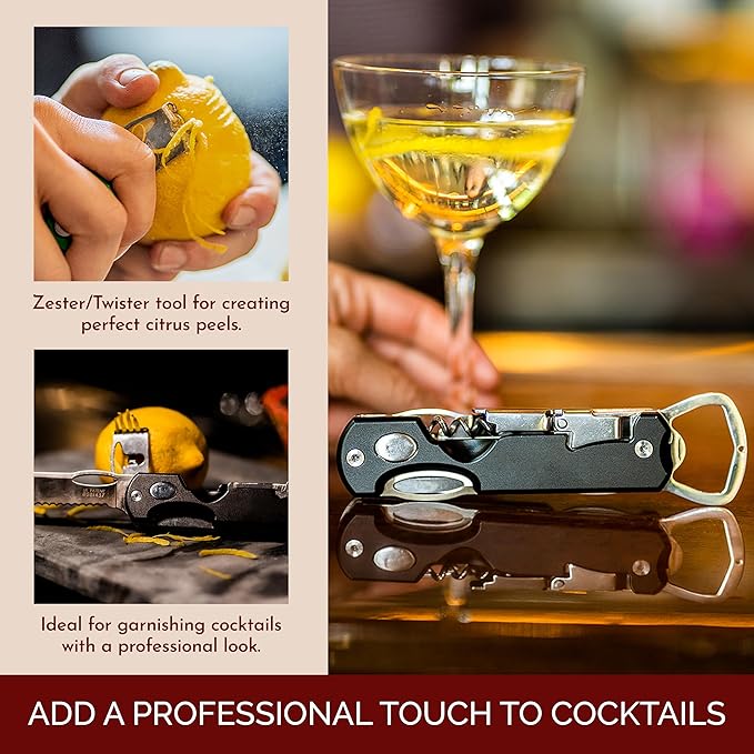 Bartender's All-in-One Bar Tool Set: Corkscrew, Zester, Citrus Knife and Bottle Opener Kit with Magnet for Picnics, Tailgating, BBQs, Camping, Travel, Beach Parties and Bartending, Blue