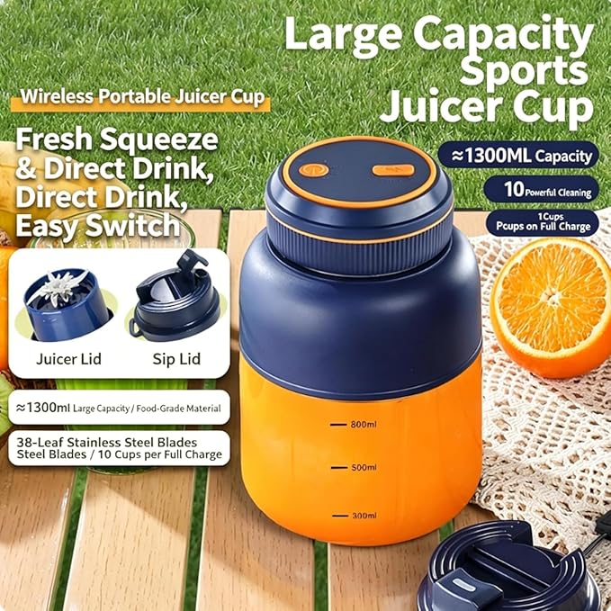 Portable Electric Juicer Cup with Zero Cord Hassle,Wireless Personal Juicer Cup USB Rechargeable Blender,38-Blades,Quiet Operation, Leakproof Lid,40 Seconds,for Shakes and Smoothies (Blue-28 Oz)