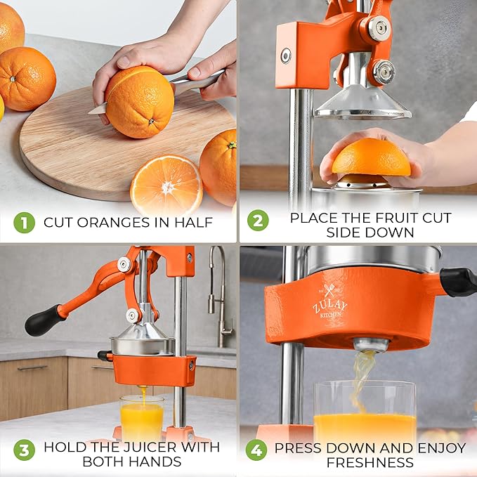 Zulay Kitchen Cast Iron Juicer - Heavy Duty Manual Juicer with Detachable Strainers for Easy Cleaning, Orange Juice Press for Citrus Fruits, Perfect for Bartenders, Juice Lovers & Health Enthusiasts