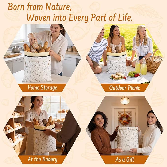 2-Pack Reusable Beeswax Bread Bags for Sourdough & HomemadeBread with Zipper, 16.5 x 13 inch bread bags for Food Storage