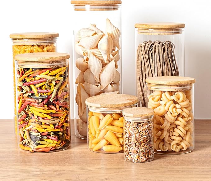 SHOWIN 53oz Glass Food Storage Jars, Glass Jars with Bamboo Lids, Kitchen Storage Jars, Set of 4, Canisters with Airtight Lids for Spice, Coffee, Cookie, Pantry Organizers