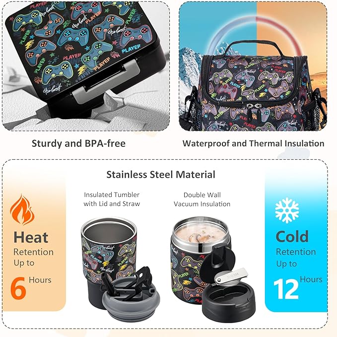 Pawtong Lunch Box Set with Bento Box Container, 17OZ Stainless Steel Food Soup Thermo, Kids Water Bottle & Portable Insulated Lunch Bag – Leakproof, Hot/Cold Retention for School, Travel (Black-Game)