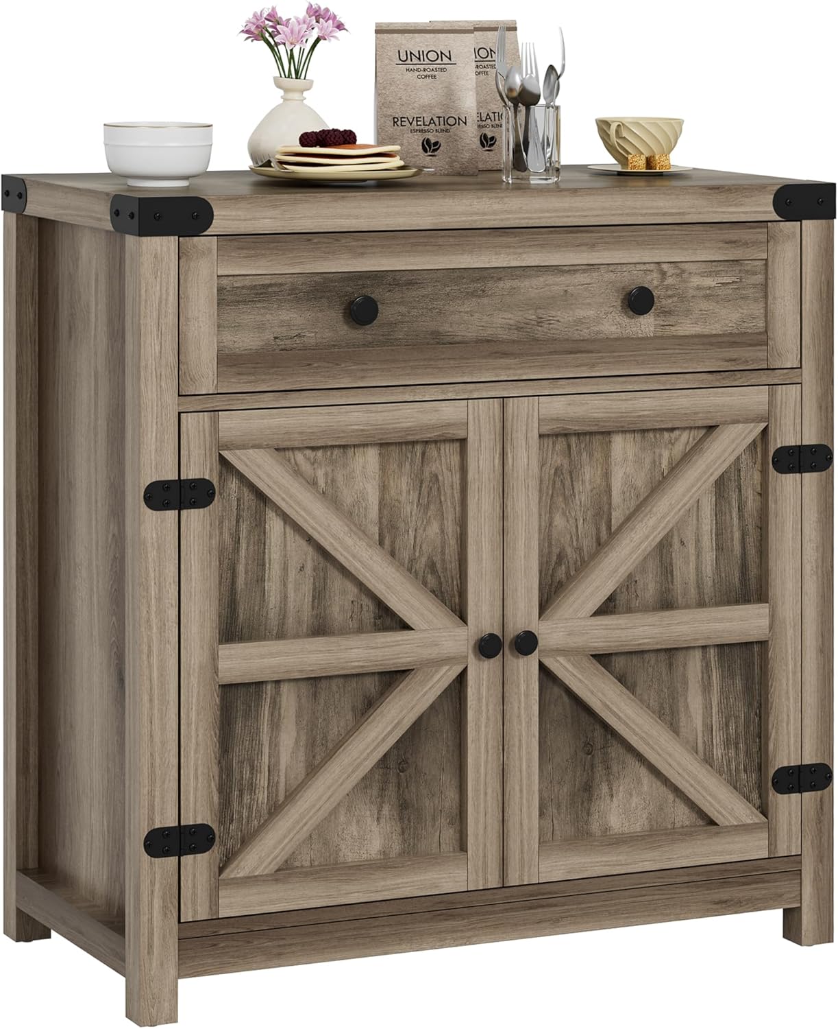 YESHOMY Farmhouse Coffee Bar Cabinet Sideboards, with Barn Doors, Spacious Drawer, Adjustable Interior Shelf, Generous Top Surface, for Kitchen, Bathroom, Entryway, Living Room, Pure Rustic
