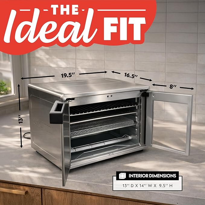 Gourmia French Door Air Fryer Oven - 37 Qt Large Capacity Convection Toaster Oven, FryForce 360°, Digital Display, 12 Cooking Presets, Dehydrate, Fits 13” Pizza, Dishwasher-Safe, Stainless Steel