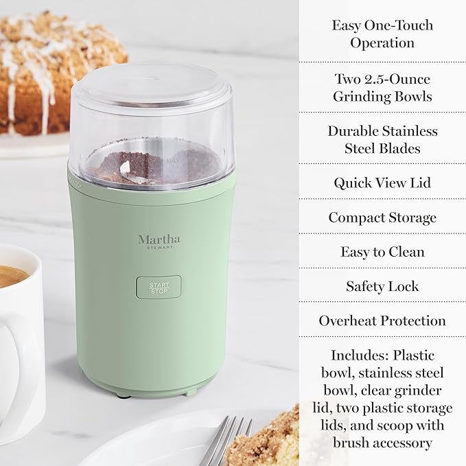 Martha Stewart Electric Coffee & Spice Grinder, Dual 2.5oz Removable Bowls, Storage Lids, Stainless Steel Blades, One Touch Pulse Control, 2-in-1 Compact, Beans & Spices, Herbs & Nuts, Honeydew Green