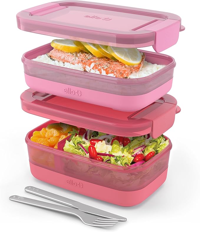 Ello 2-Pack Lunch Stack Plastic Food Storage Container Bento Box with Airtight, Leak-Proof Locking Plastic Lids and Silicone Base, BPA-Free, Freezer, Microwave, and Dishwasher Safe, Guava
