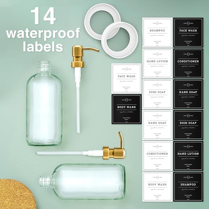 Vine Creations Glass Soap Dispenser, 2 Pack Kitchen Soap Dispenser Set with Stainless Steel Pump, 16 oz Dish Soap and Hand Soap Dispensers for Bathroom with Waterproof Labels (Clear)