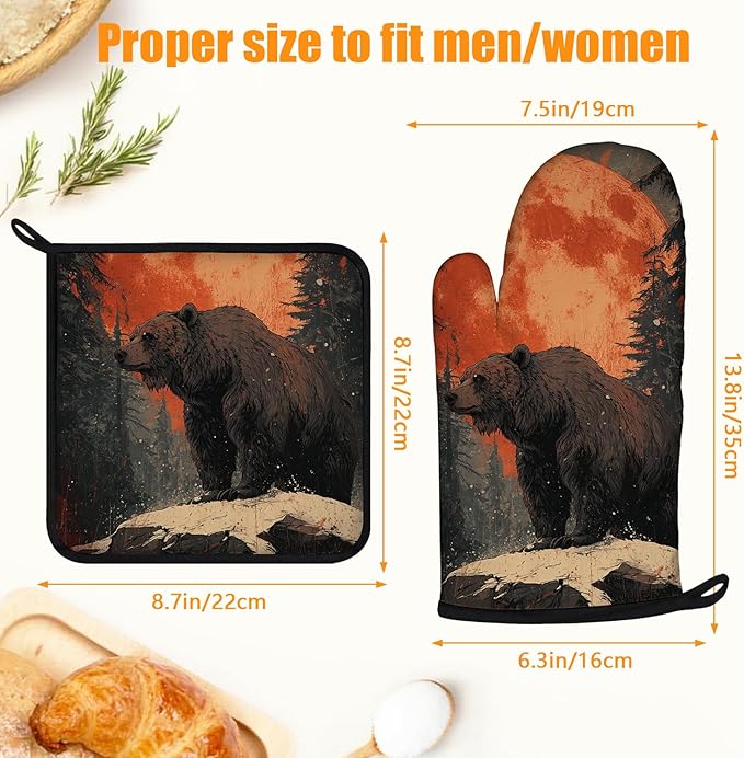 Bear Forest Oven Mitts and Pot Holders Sets 4Pcs Silicone Non-Slip Mitts Heat Resistant Gloves Hot Pads for Kitchen Cooking Baking Grilling BBQ