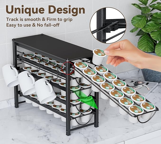 HFHOME Coffee Pod Holder For Counter, Pod Holder for K-cups, 5-tier Metal Coffee Capsule Storage Drawer, 70 Capacity Pods Organizer for Cafe Counter, Home, Office or Kitchen,3 cup rack, Black