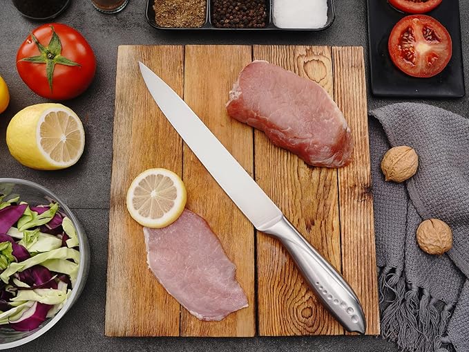 8 Inch Slicing Knife, German High Carbon Stainless-Steel Blade and Full Tang Handle, Super Sharp Slicer Knife for Carving Slicing Cutting of Meat Vegetables and Fruits-Silver