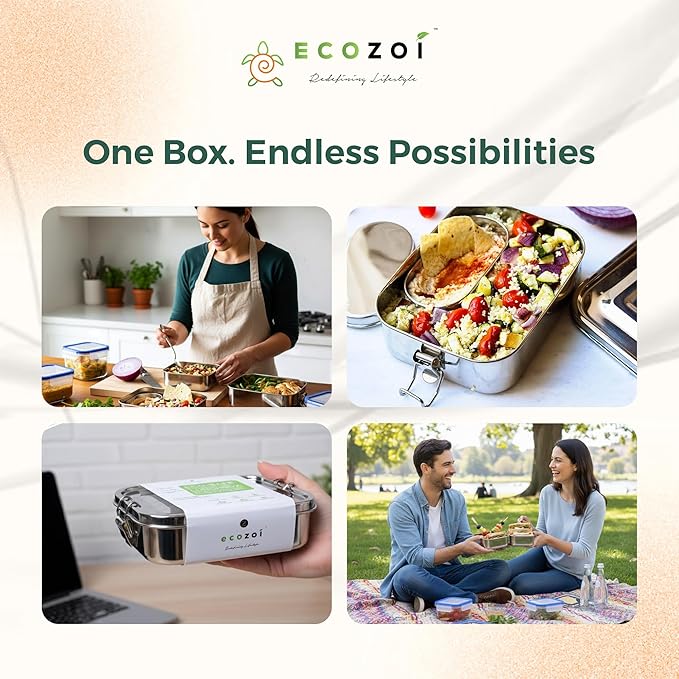 ecozoi Stainless Steel Lunch Box, Leak Proof 1 Tier Eco Metal Bento Box | Bonus Pod And Redesigned Silicone Seal | Sustainable Zero Waste Eco Friendly Food Storage Container