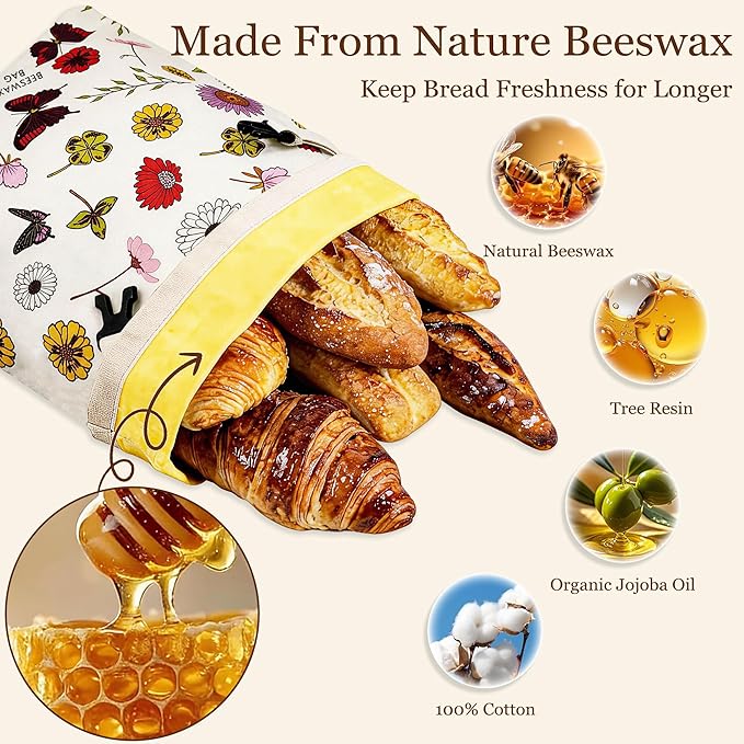 2 Pack Reusable Beeswax Bread Bags for Homemade Bread with Handle,17 X 13 Inch Large Cotton Sourdough Bread Storage for Fridge Freezer Counter,Keep Fresh Longer