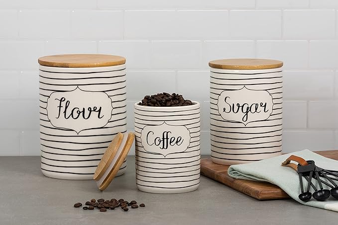 10 Strawberry Street Labeled Ceramic Kitchen Canister Set, Set of 3, Coffee Sugar Flour, White/Black, Bamboo Lids