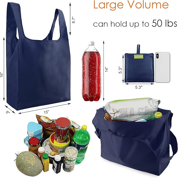 BeeGreen Navy Blue Reusable Grocery Bags Wholesale Reusable Kitchen Bags Bulk Foldable-Machine Washable with Zipper Storage Pouch 50 Packs