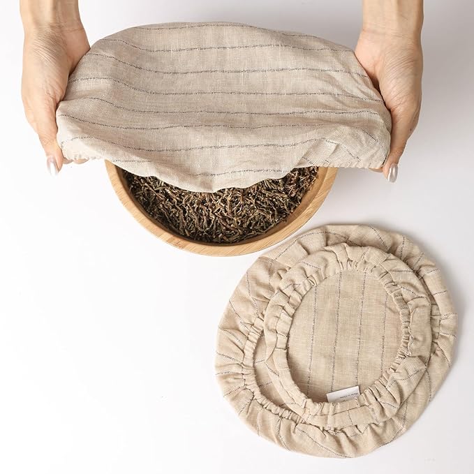 100% Linen Stripe Bowl Covers Reusable For Bread Proofing, 4 Pcs Elastic Cloth Fabric Bowl Covers, 5.9 * 7.9 * 9.8 * 11.8 Inches, Linen