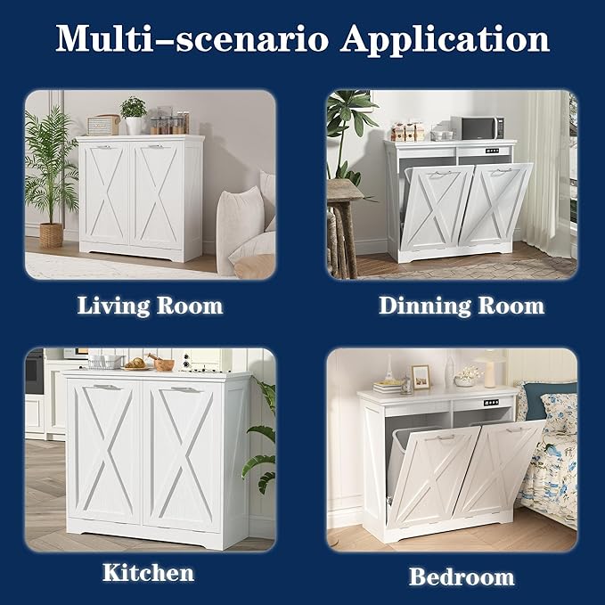 TOLEAD Double Tilt Out Trash Can Cabinet 10 Gallon,Farmhouse Style Kitchen Trash Cabinet with Barn Door, Solid Wood Tabletop, Pet Proof, Odor Blocking, Laundry Cabinet Keep Clean(White)