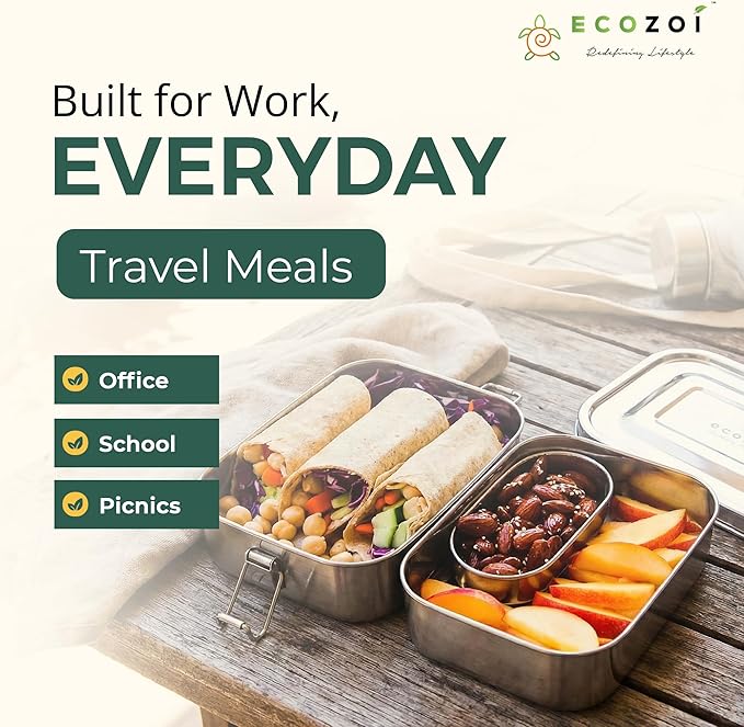 ecozoi Leak Proof Stainless Steel Lunch Box, 3-in-1 Eco Bento Box | Redesigned Silicone Seal + Bonus Lunch Pod | Sustainable Tiffin Eco Friendly Metal Bento Box Food Storage Containers