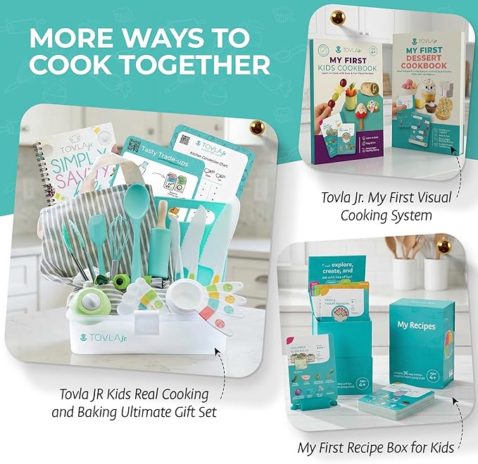 Tovla Jr Kids Safe Knife Set for Real Cooking | Toddler Knife Set with Chopper and Cutting Boards | Montessori Kitchen Tools with Visual Recipe Booklet | Ages 4 to 10
