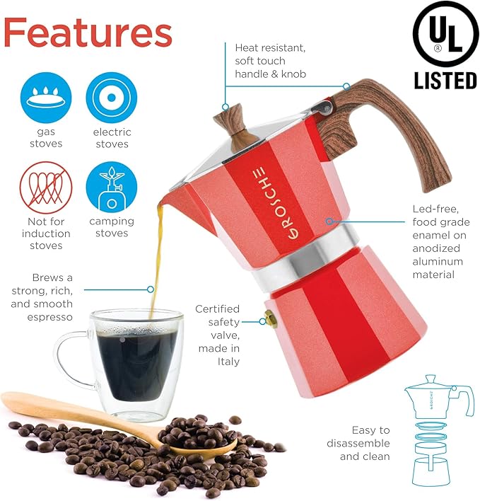 GROSCHE Milano 6 Espresso Cup, 9.3 oz Red Stovetop Espresso Maker - Italian Moka Pot