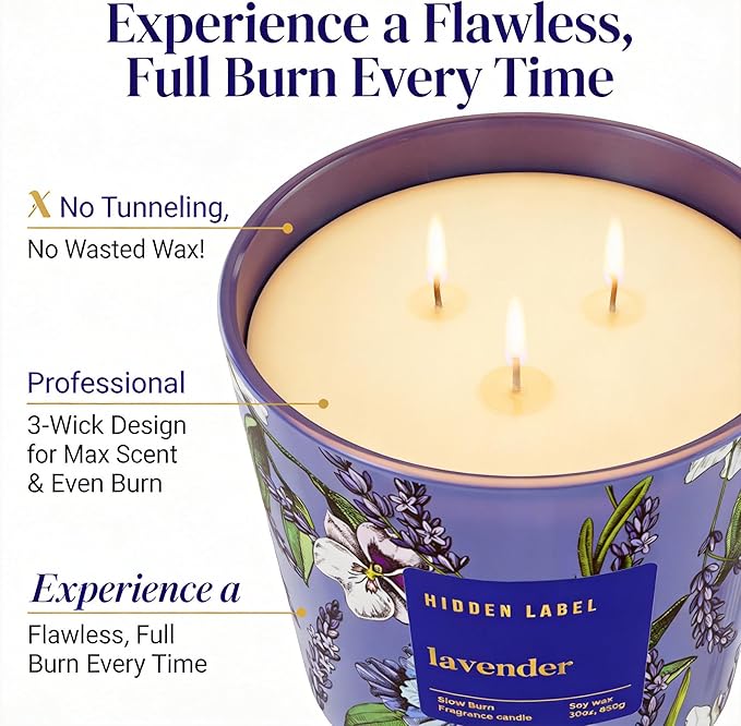 Extra Large Lavender Scented Candle, 30oz,3 Wick Natural Soy Wax Candle for Home, 100 Hours Long Lasting Clean Burn, Essential Oil Aromatherapy for Stress Relief, Sleep & SPA, Large Jar Candle Gift