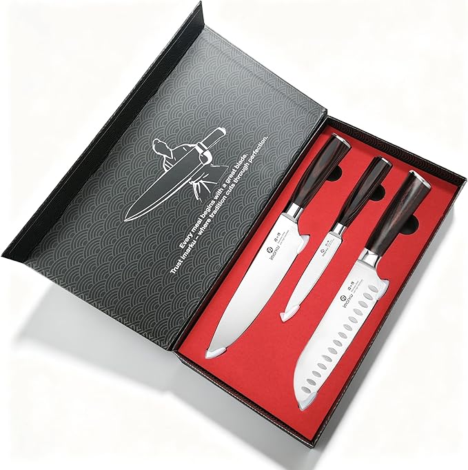 imarku 3 Pieces Knife Set, Japanese High Carbon Stainless Steel Chef Knife Set, Professional Chef Knives with Ergonomic Pakkawood Handle, Ultra Sharp Cooking Knives for Kitchen & Home Cooking