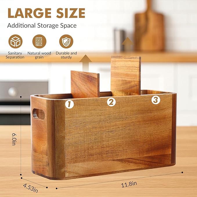 Kitchen Utensil Holder for Counter or Countertop, Extra Large Acacia Wood Organizer with 3 Compartments, Wooden Storage for Cooking and Silverware, Rustic Minimalist Decor, Sturdy Utensil Crock