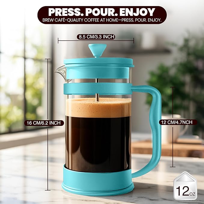 Utopia Kitchen 12 oz Glass French Press, French Press Coffee Maker, Tea Press, Triple-Layer Filter for Smooth Brew, Heat-Resistant Borosilicate Glass, Stainless Steel Plunger, Aqua