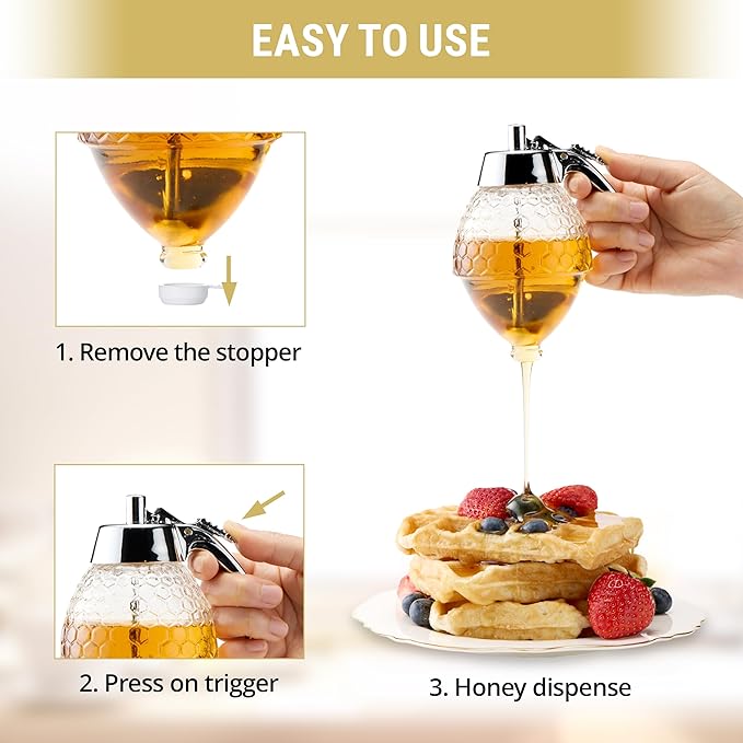 PAULSWAY Stainless Steel Shaft, Glass Honey Dispenser, Sleek Silver ABS Lid – No Drip Glass with Stand – 8 oz Honey Jar – Honeycomb Design Container – Honey Pot for Honey, Maple Syrup