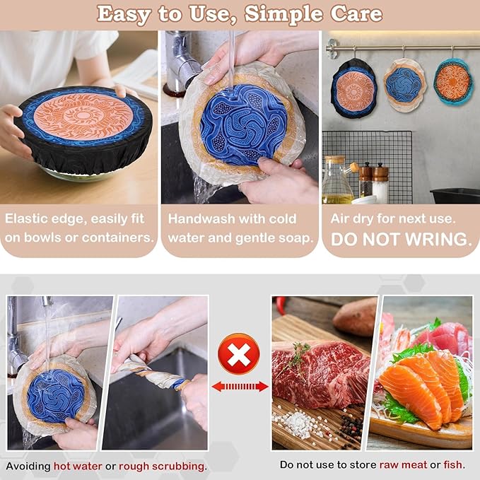 5-Size Reusable Beeswax Bowl Covers for Bread Proofing, Cotton Cloth Flexible Beeswax Wraps for Food Storage(Concentric Circle)