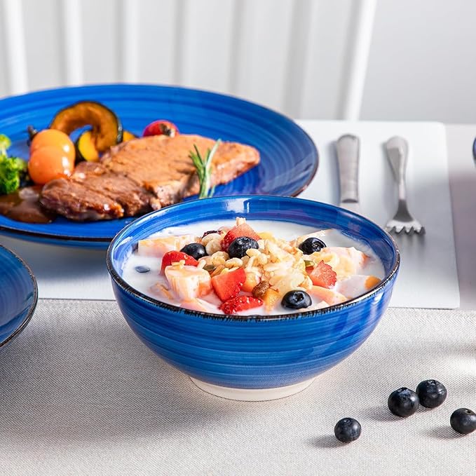 vancasso Bonita Stoneware Dinnerware Sets 24 Pieces Service for 6, Hand-Painted Spiral Dishes Set, Ceramic Kitchen Plates and Bowls Sets-Microwave and Dishwasher Safe (Blue,24 Pcs)
