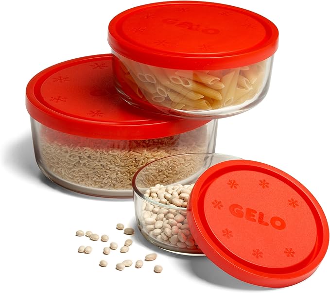 Bormioli Rocco Gelo 3pc Storage Glass Container Set with Red Lid, 11.62, 24.37, 44.62oz.