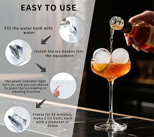 iTOMA Ice Ball Maker Machine, Smart Sensors, One-Touch Clean, 2 pcs in 50 Mins, Quiet Self-Cleaning Ice Machine, for Cocktails & Whiskey, Countertop Ice Maker for Home/Bar Party