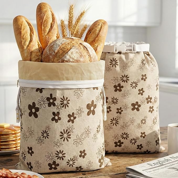 Reusable Beeswax Bread Bags-17"x13" Large Bread Bags for Sourdough & Homemade Cloth BreadBags Keeps Fresh Longer 2Pack (Flower Pattern) | Flower Pattern, Beeswax Bread Bag, Large Size, Zipper, Snap-on