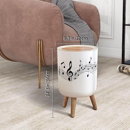 Trash Can with Lid Musical notes stave line symbols for staff music key note theme Treble Press Top Round Small Garbage Bin with Wooden Legs Waste Basket for Kitchen Bedroom Nursery 7L/1.8 Gallon