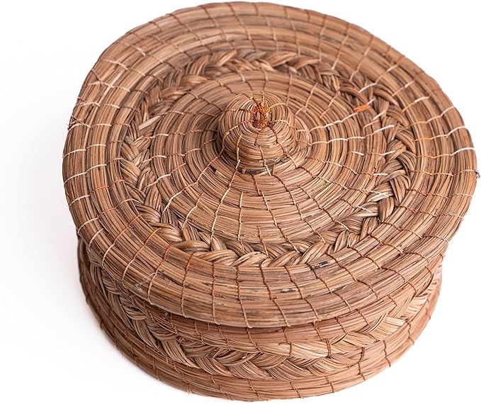 Authentic Mexican Tortilla Warmer Basket - Pine Needle Handwoven with Handloomed Cloth (Natural 7" w cloth)