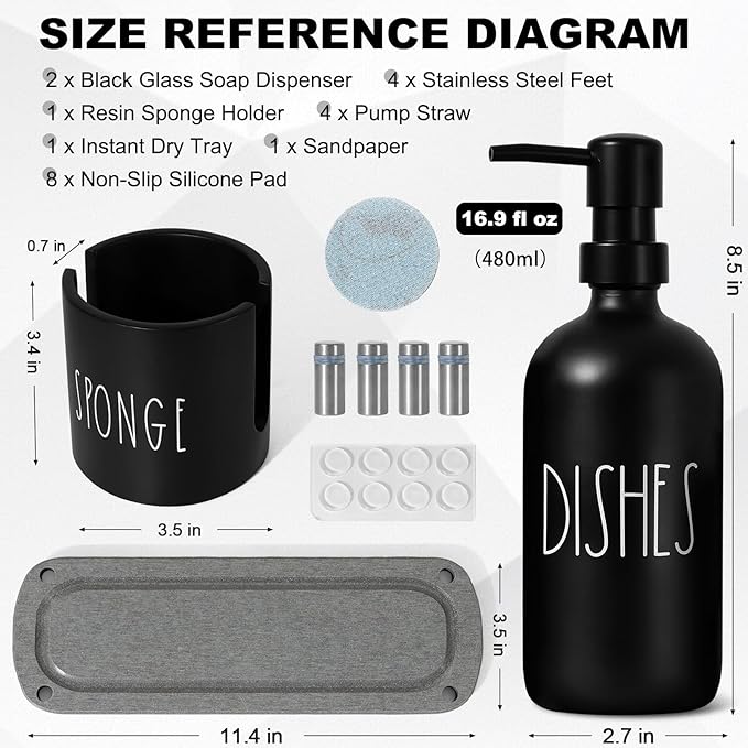 Kitchen Soap Dispenser Set, 16.9 fl oz Hand and Dish Soap Dispensers with Tray, Black Kitchen Soap Dispenser Set with Sponge Holder, Instant Dry Tray, Countertop Sink Organizer Accessories