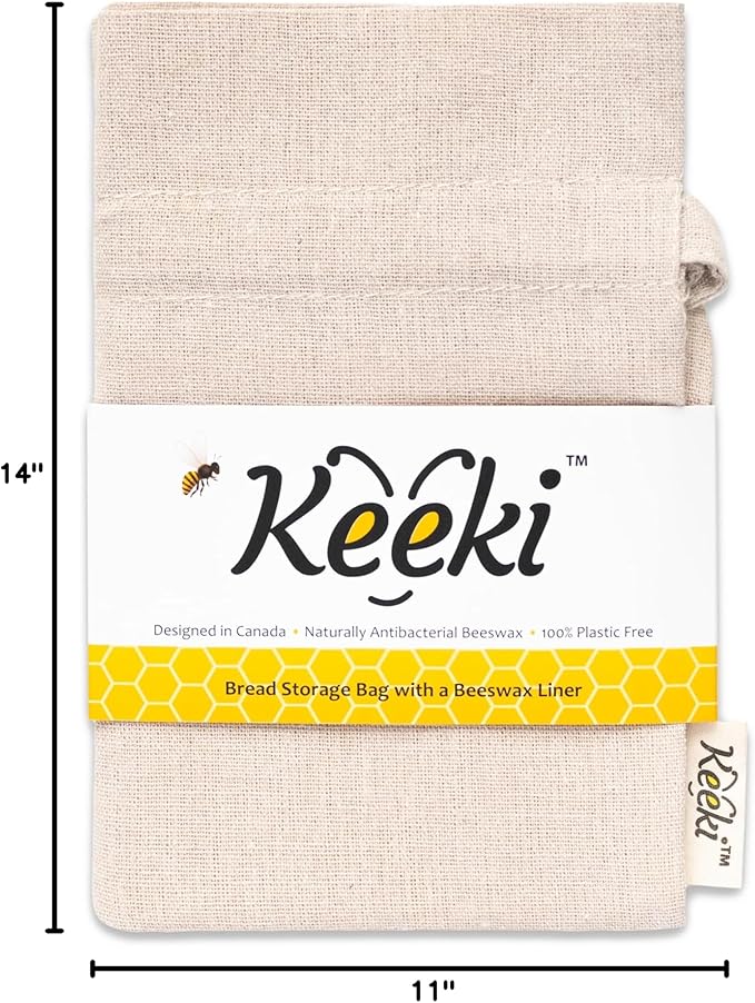 Keeki Bag - The Original Beeswax Lined Bread Bag for Homemade & Sourdough | Reusable Linen Bread Storage | Beeswax Wrap Alternative | Plastic-Free Storage w/Wide Drawstring Closure (Natural)