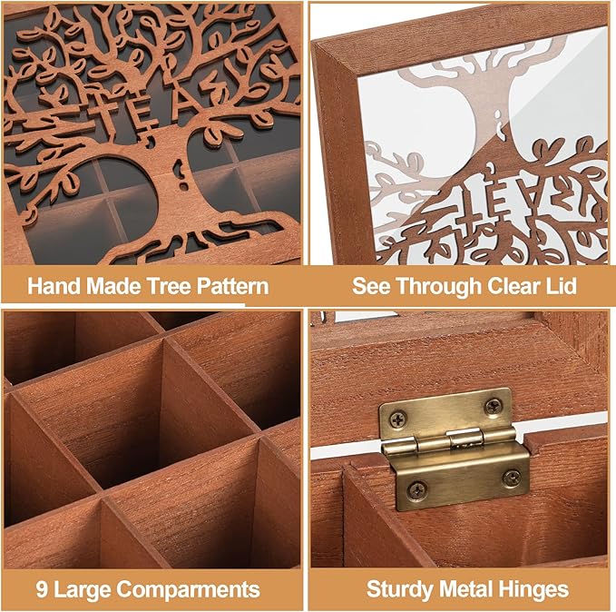 handrong Wood Tea Box Organizer,Tea Organizers and Storage with Tree Pattern,Tea Bag Holder,Decorative Tea Storage Organizer Box,9 Compartments Tea Organizer for Tea Bags Coffee