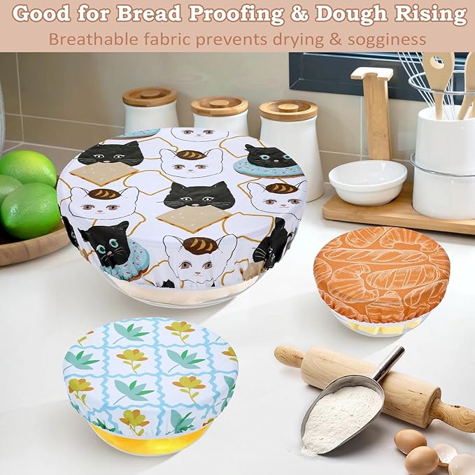 5-Size Reusable Beeswax Bowl Covers for Bread Proofing, Cotton Cloth Flexible Beeswax Wraps for Food Storage(Toast Cat)