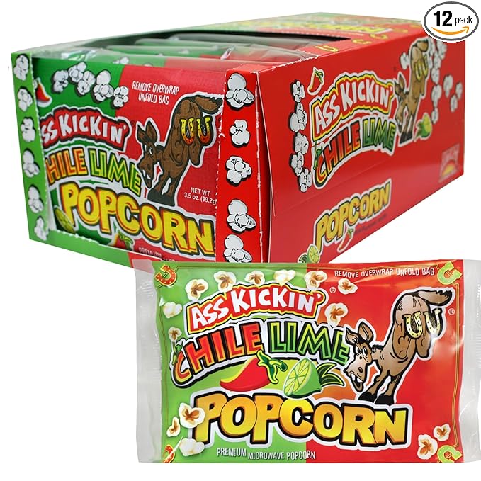 ASS KICKIN' Chile Lime Microwave Popcorn Bags - 12 Pack - Ultimate Spicy Popcorn Gourmet Gift - Makes a Great Movie Theater Popcorn or Snack Food for Movie Night