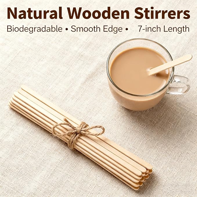 200 Pack Wooden Coffee Stirrers, 7 Inch Birch Disposable Stir Sticks, Wooden Stir Sticks for Coffee, Premium Wooden Coffee Stirrers for Coffee Bar, Office, Tea & Cocktails
