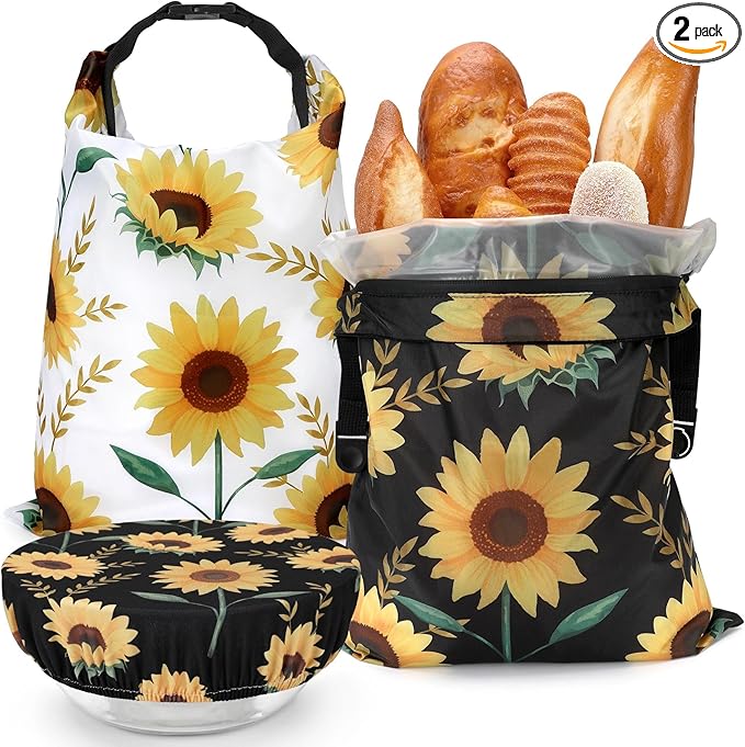 2 Pack Reusable Bread Bags for Homemade Bread, 17"×13" Sourdough Bread Storage Bags with Bowl Cover - Keep Loaf Fresh and Easy to Wash(Sunflowers)