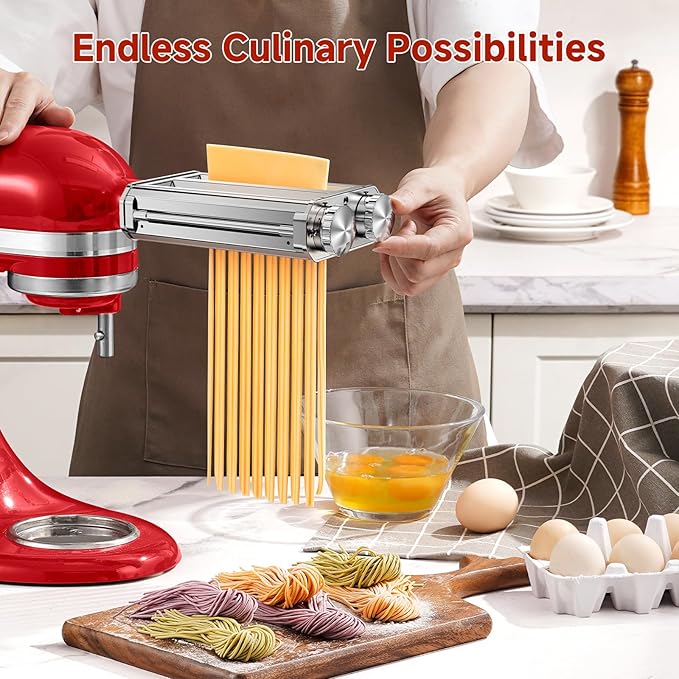 Pasta Maker Attachment for Kitchen Aid Stand Mixers, 304 Stainless Steel, Rust-Proof, 8 Thickness Settings, Easy to Clean, 3 in 1 Accessories for Homemade Spaghetti, Fettuccine, Lasagna