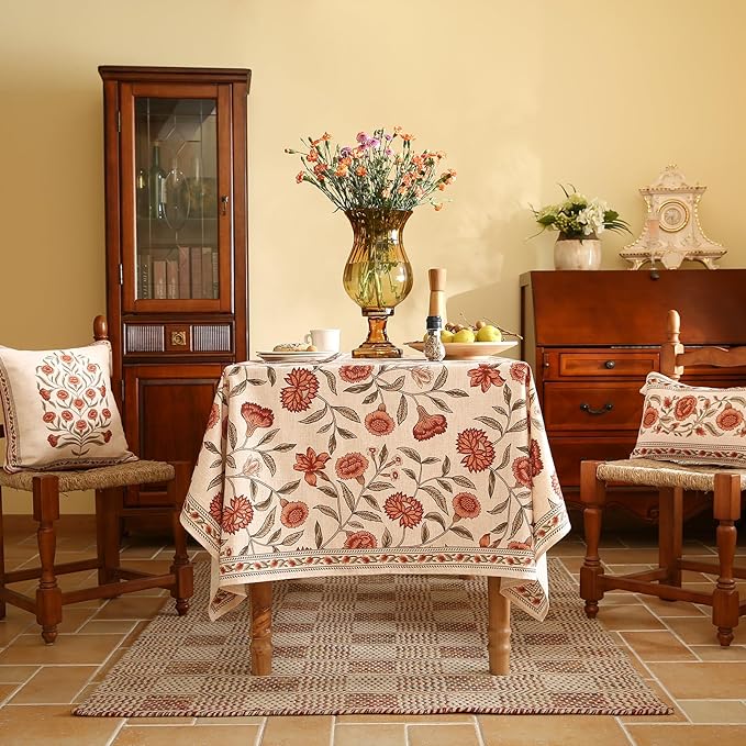 ISAENNE Designer French Extra Long Rectangular Tablecloth,Linen Orange Floral Pattern Indoor Table Cloth,Wrinkle Resistant Decor Table Cloth for Dining Thanksgiving Kitchen,67"*118"-Alvarado D