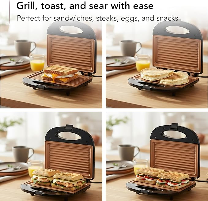 OVENTE Electric Panini Press Grill with Nonstick Plates, LED Indicator Lights, Thermostat Control, Compact Sandwich Maker Perfect for Cooking Breakfast, Steaks, Eggs Snacks & More, Copper GP0110CO