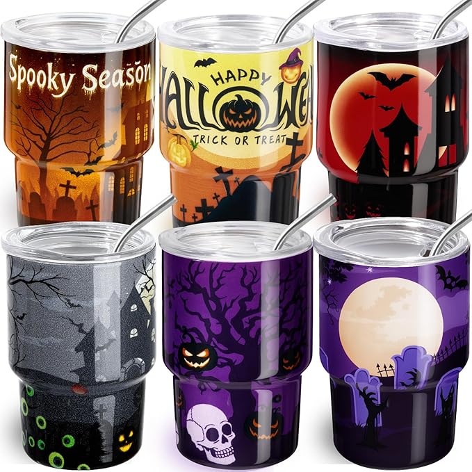 6 Pack 3 oz Halloween Shot Glasses Mini Tumblers with Straw and Lid,Pumpkin Ghost Skulls Tombstone Halloween Party Spooky Shot Glass Stainless Steel Vacuum Insulated Mini Cup for Cocktail Party