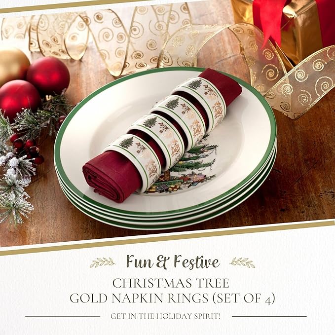 Spode Christmas Tree Gold 2.75" Napkin Ring (Set of 4) - Elegant 22K Gold Accented Holiday Napkin Rings, Fine Porcelain Christmas Table Setting Décor - Ideal for Holiday Dinnerware & Festive Gifting