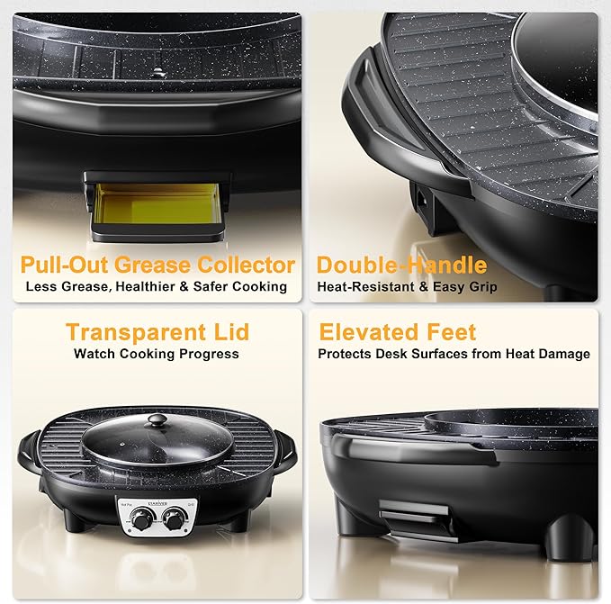 Stariver Hot Pot Electric with Grill 2 in 1, Indoor Korean BBQ & Shabu Shabu, Features Easy-clean Non-stick Coating, Dual Controls, 1800W Fast Heating, Perfect for Family Gatherings or Friends Parties